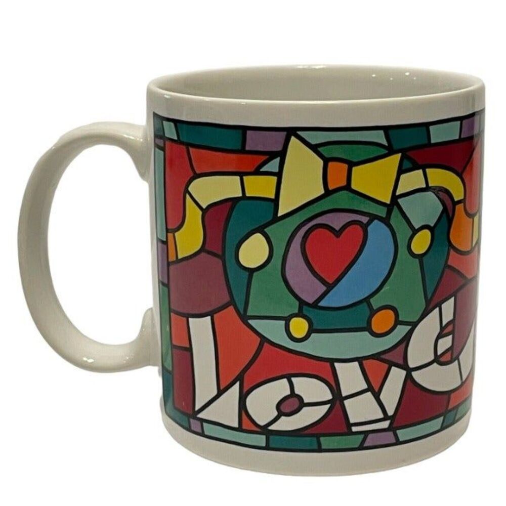 Vtg Russ Mosaic Stained Glass Love Coffee Mug Tea Cup Christmas Wreath Heart **